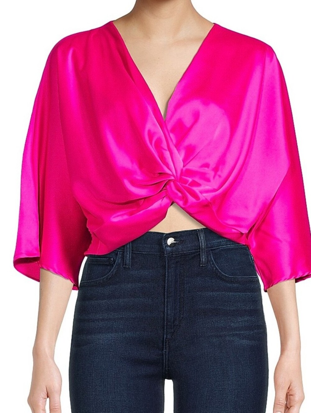 Renee C. Plunge Neck Long Sleeve Twisted Knot Satin Top  Neon Pink  Size Large
